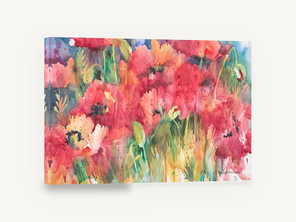 Poppy Field Bloom, red poppies watercolour floral painting, floral canvas wall art print ready to hang