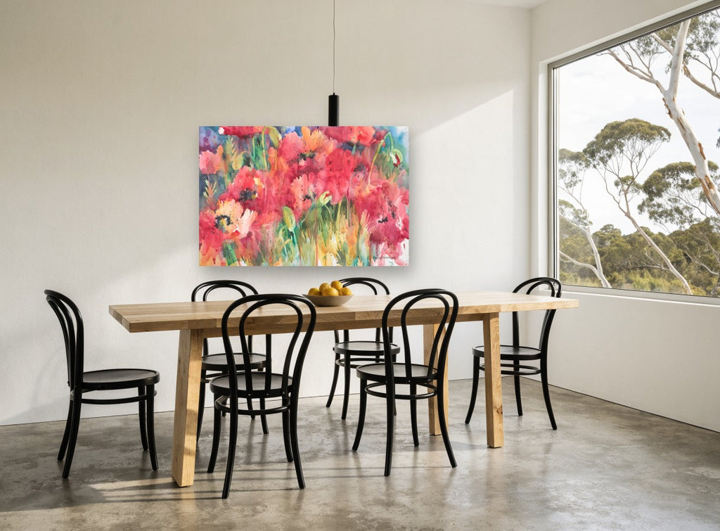 Poppy Field Bloom floral canvas print on the wall of a dining room