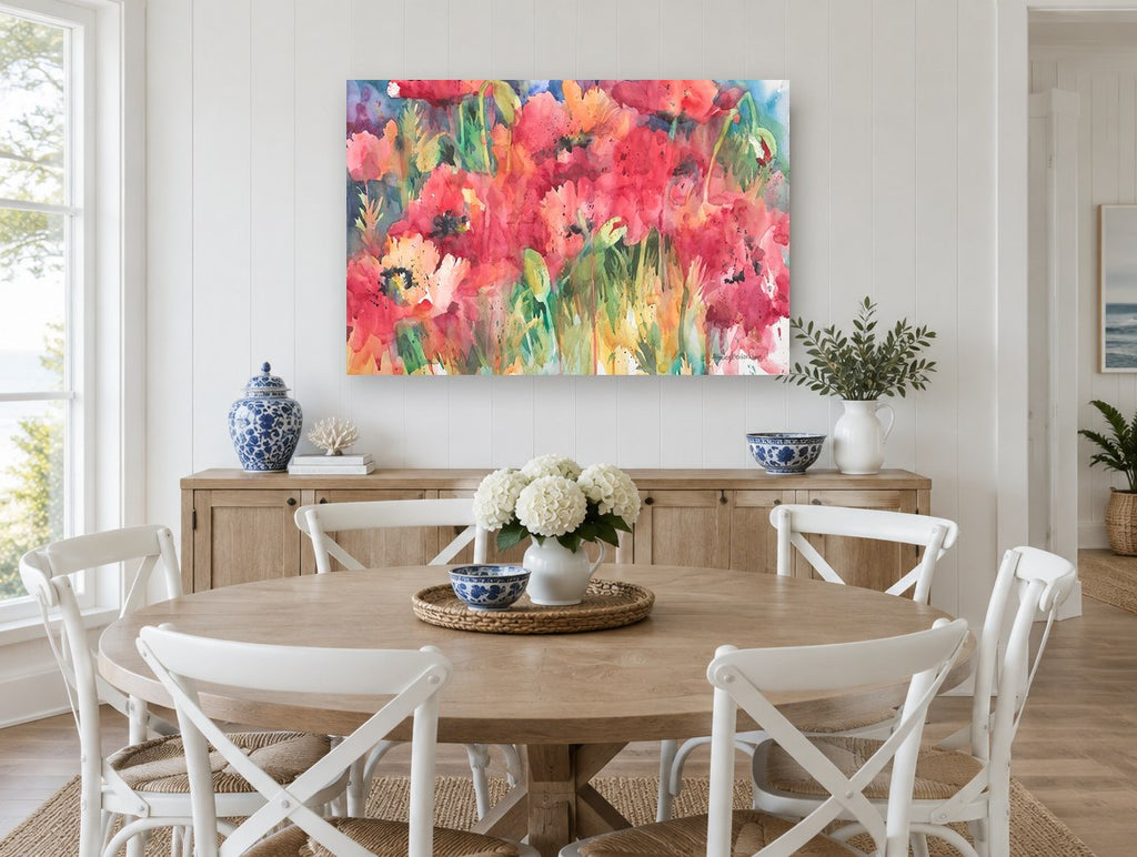 Poppy Field Bloom floral canvas print on the wall of a Hamptons dining room