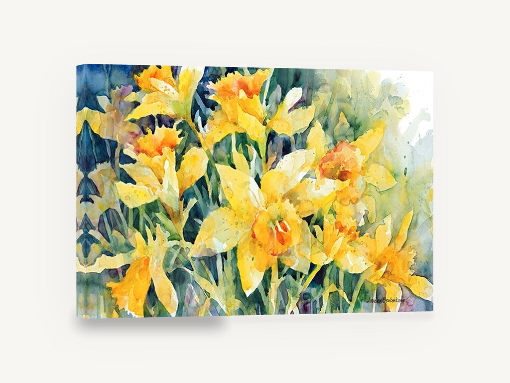 Daffodil Gathering, yellow daffodils watercolour floral, floral canvas wall art print ready to hang