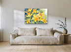 Daffodil Gathering floral canvas print on the wall of a living room