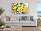 Daffodil Gathering floral canvas print on the wall of a beach house living room