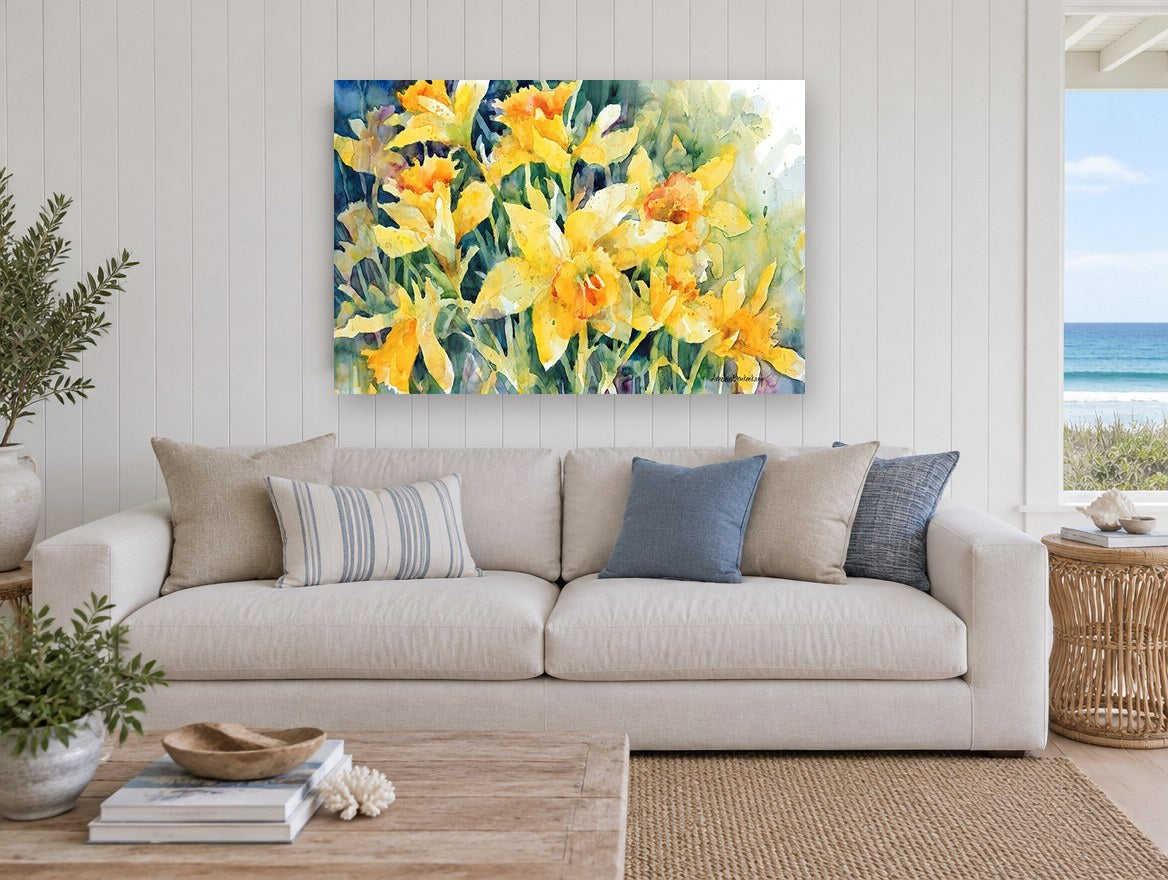 Daffodil Gathering floral canvas print on the wall of a beach house living room