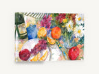 Daisies and Citrus Table, daisies and fruit still life watercolour, floral canvas wall art print ready to hang