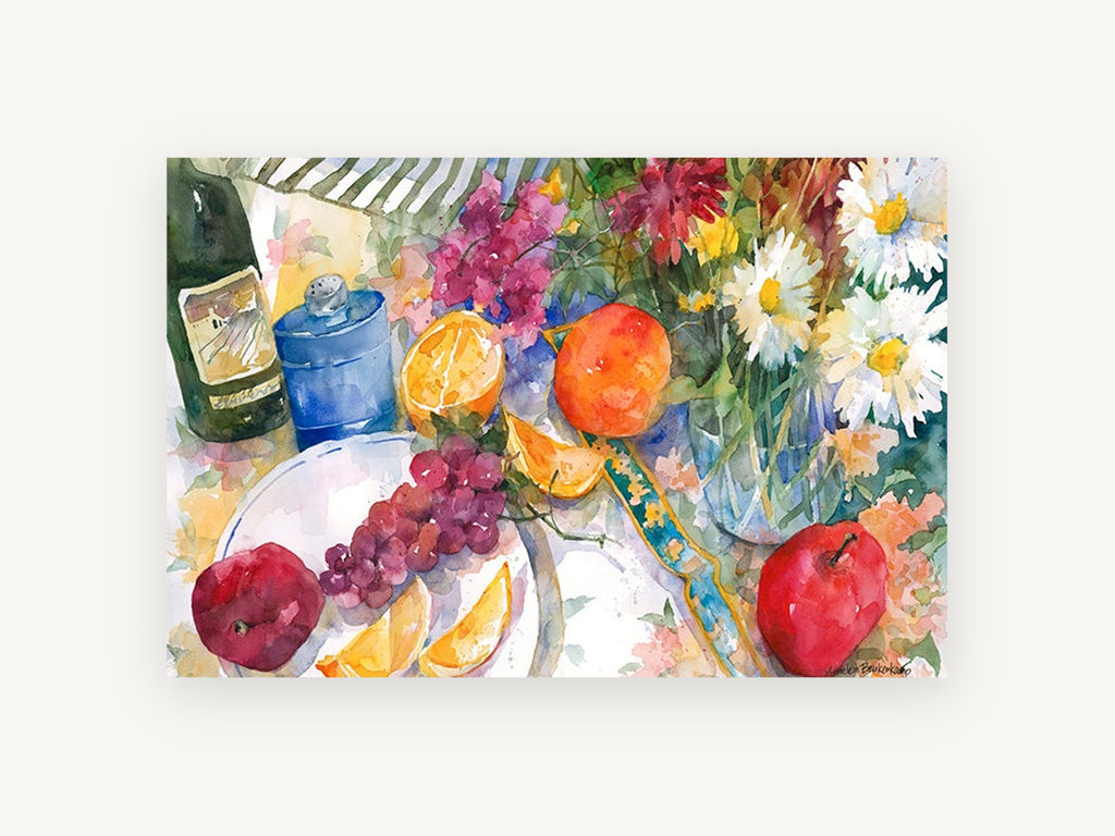 Daisies and Citrus Table, floral canvas wall art print, front view