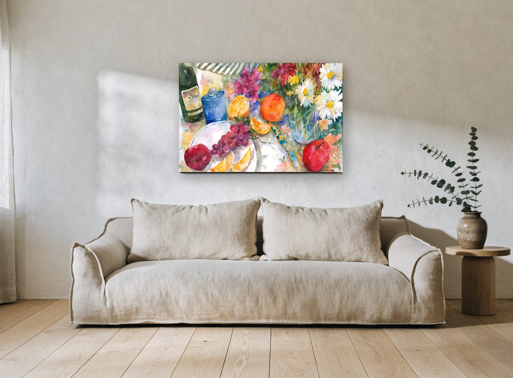 Daisies and Citrus Table floral canvas print on the wall of a living room
