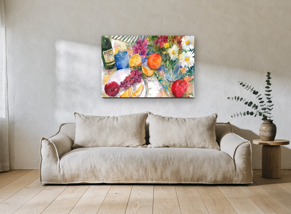 Daisies and Citrus Table floral canvas print on the wall of a living room