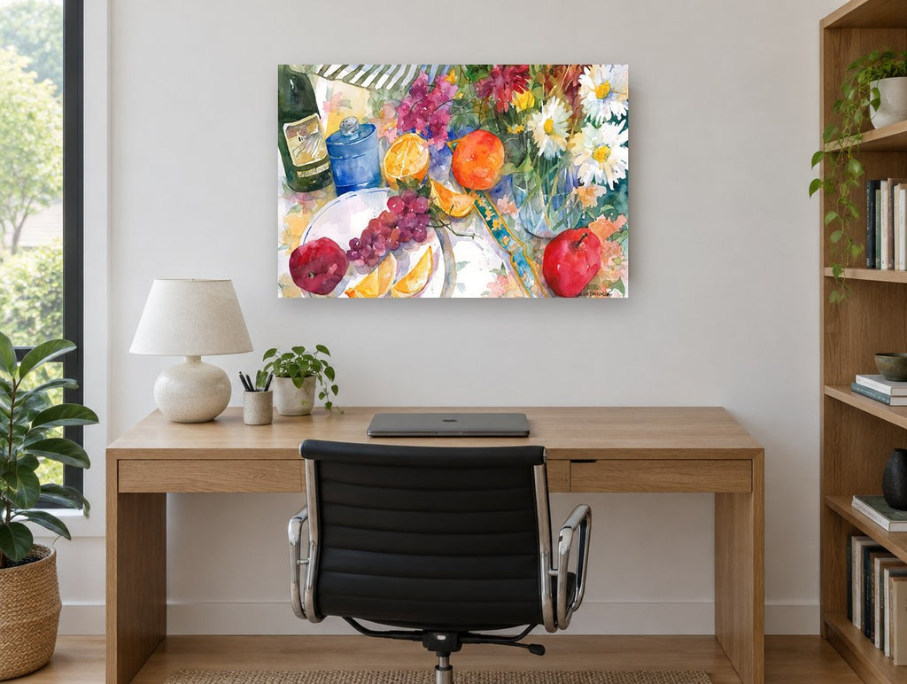 Daisies and Citrus Table floral canvas print on the wall of a study
