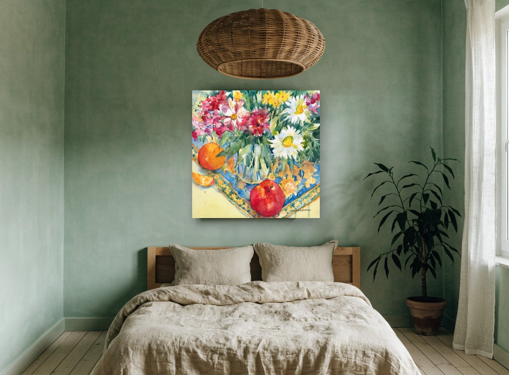 Daisies and Orange Table floral canvas print on the wall of a bedroom