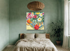 Daisies and Orange Table floral canvas print on the wall of a bedroom