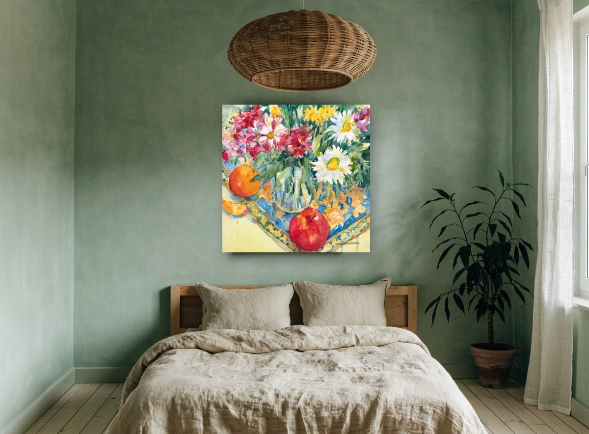Daisies and Orange Table floral canvas print on the wall of a bedroom
