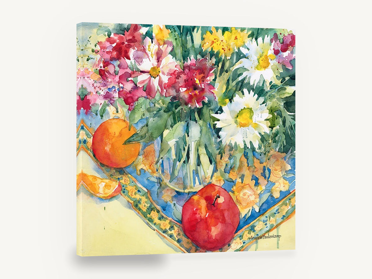 Daisies and Orange Table, daisies fruit still life watercolour, floral canvas wall art print ready to hang