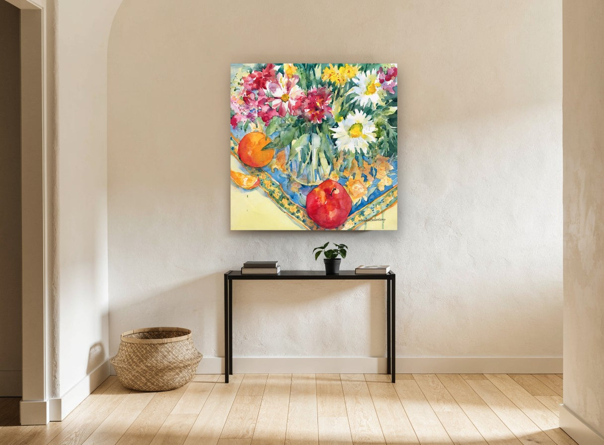 Daisies and Orange Table floral canvas print on the wall of a hallway