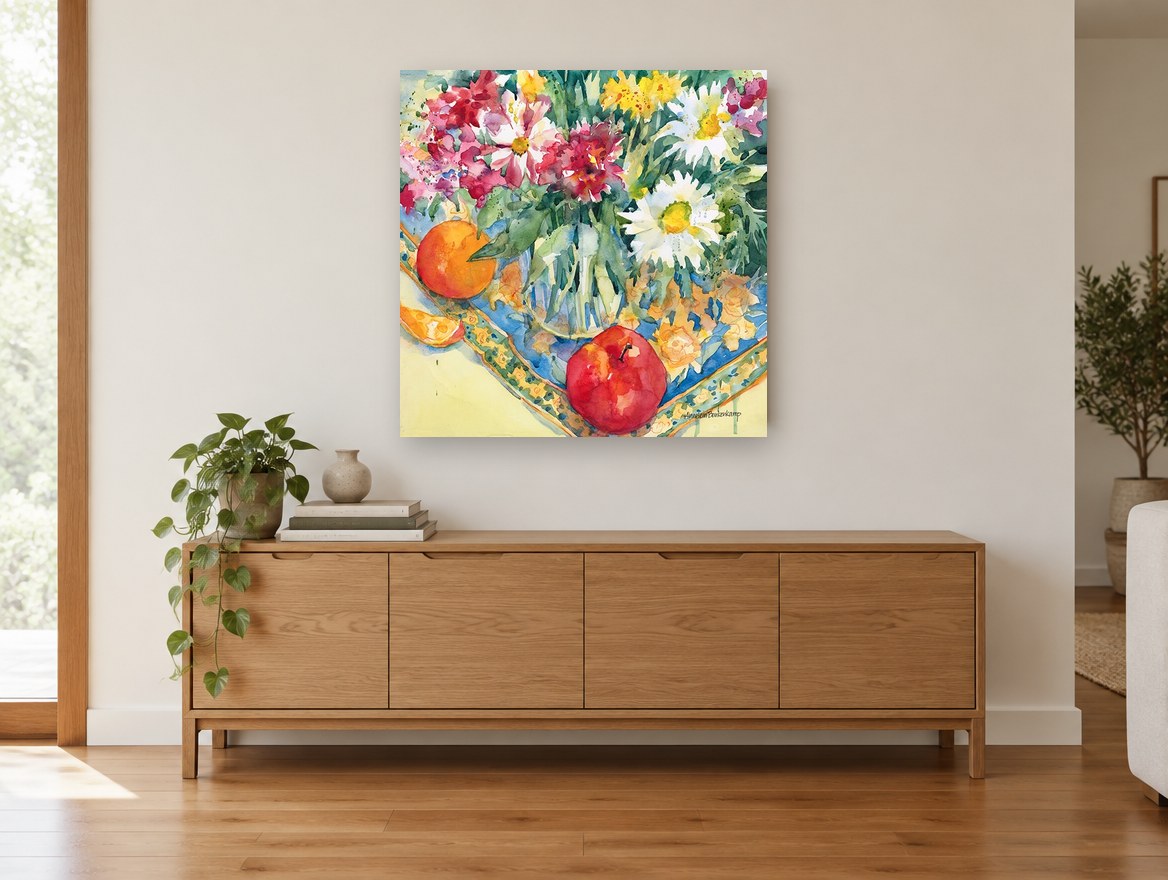 Daisies and Orange Table floral canvas print on the wall of a living room above a sideboard