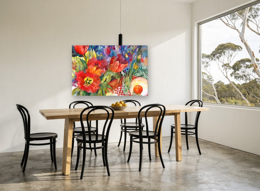 Tulips and Tangerine floral canvas print on the wall of a dining room