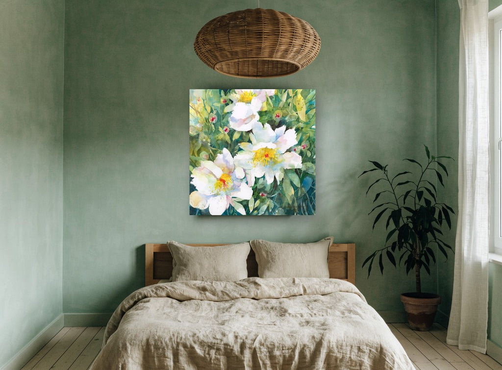 White Blooms in Green floral canvas print on the wall of a bedroom