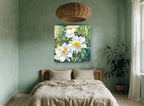 White Blooms in Green floral canvas print on the wall of a bedroom