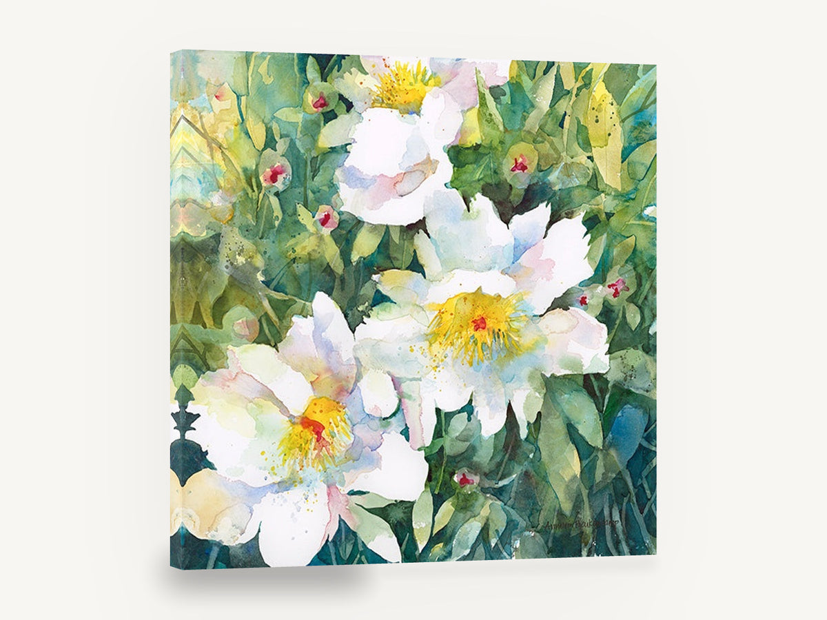 White Blooms in Green, white peony watercolour floral, floral canvas wall art print ready to hang