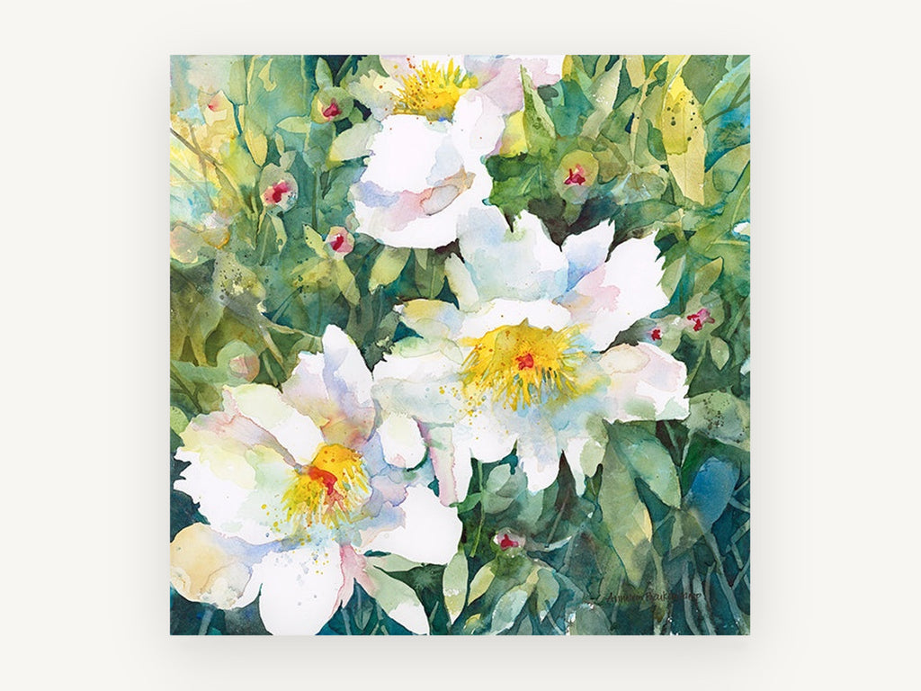 White Blooms in Green, floral canvas wall art print, front view