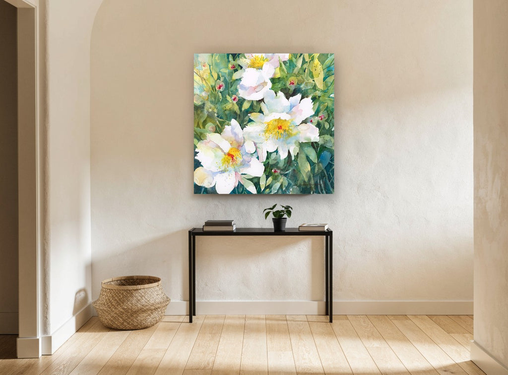 White Blooms in Green floral canvas print on the wall of a hallway