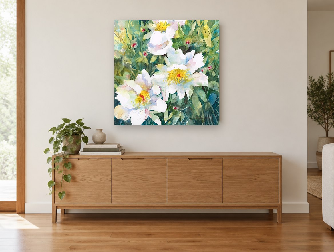 White Blooms in Green floral canvas print on the wall of a living room above a sideboard