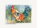 Crowing Rooster in Tall Grass, rooster watercolour farm portrait, animal canvas wall art print ready to hang