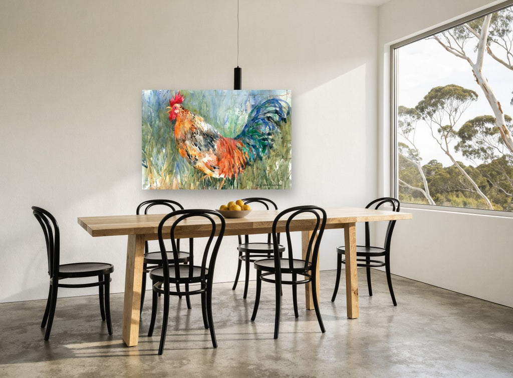 Crowing Rooster in Tall Grass animal canvas print on the wall of a dining room