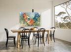 Crowing Rooster in Tall Grass animal canvas print on the wall of a dining room