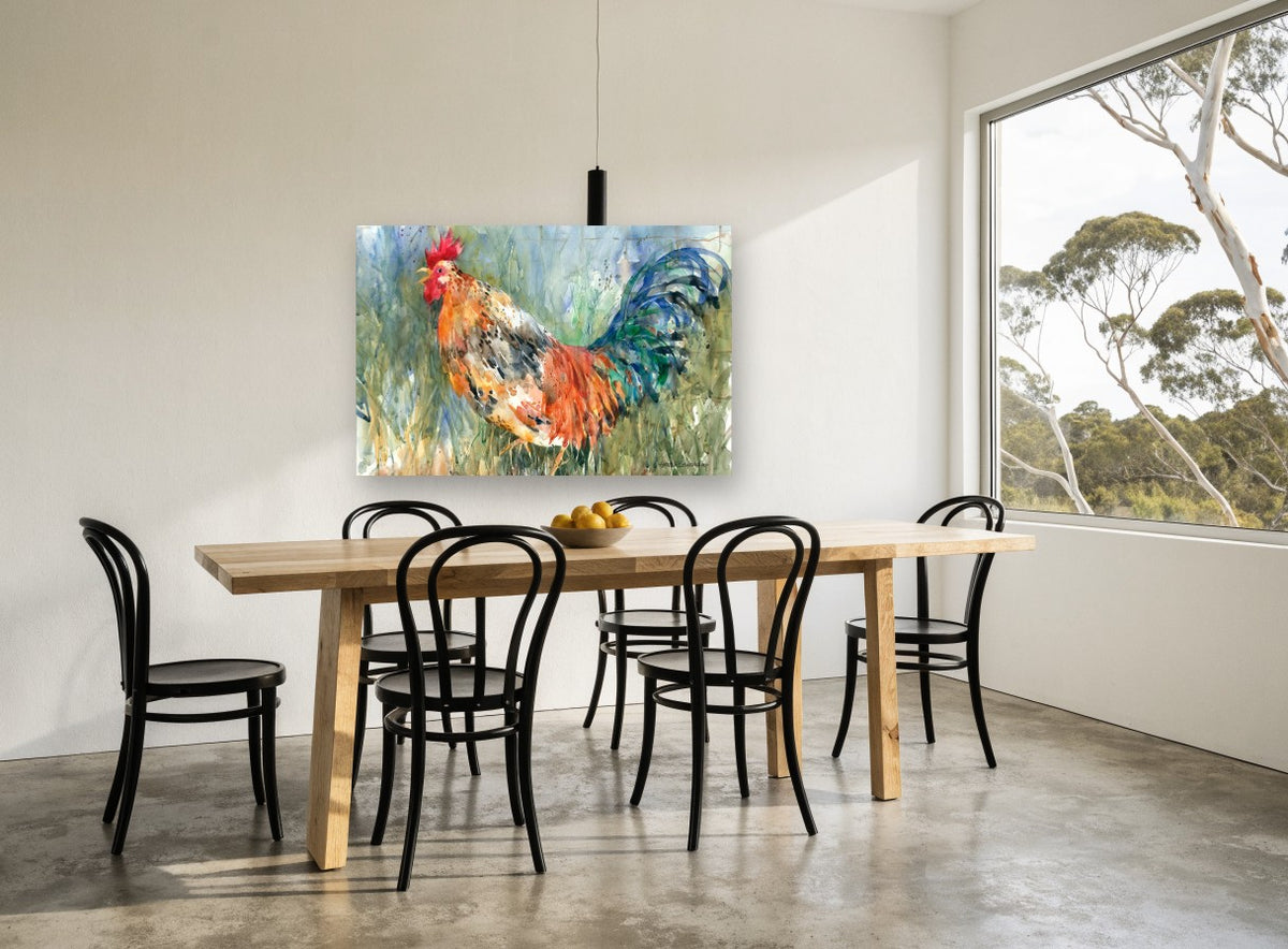 Crowing Rooster in Tall Grass animal canvas print on the wall of a dining room