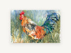 Crowing Rooster in Tall Grass, rooster watercolour farm portrait, animal canvas wall art print, front view
