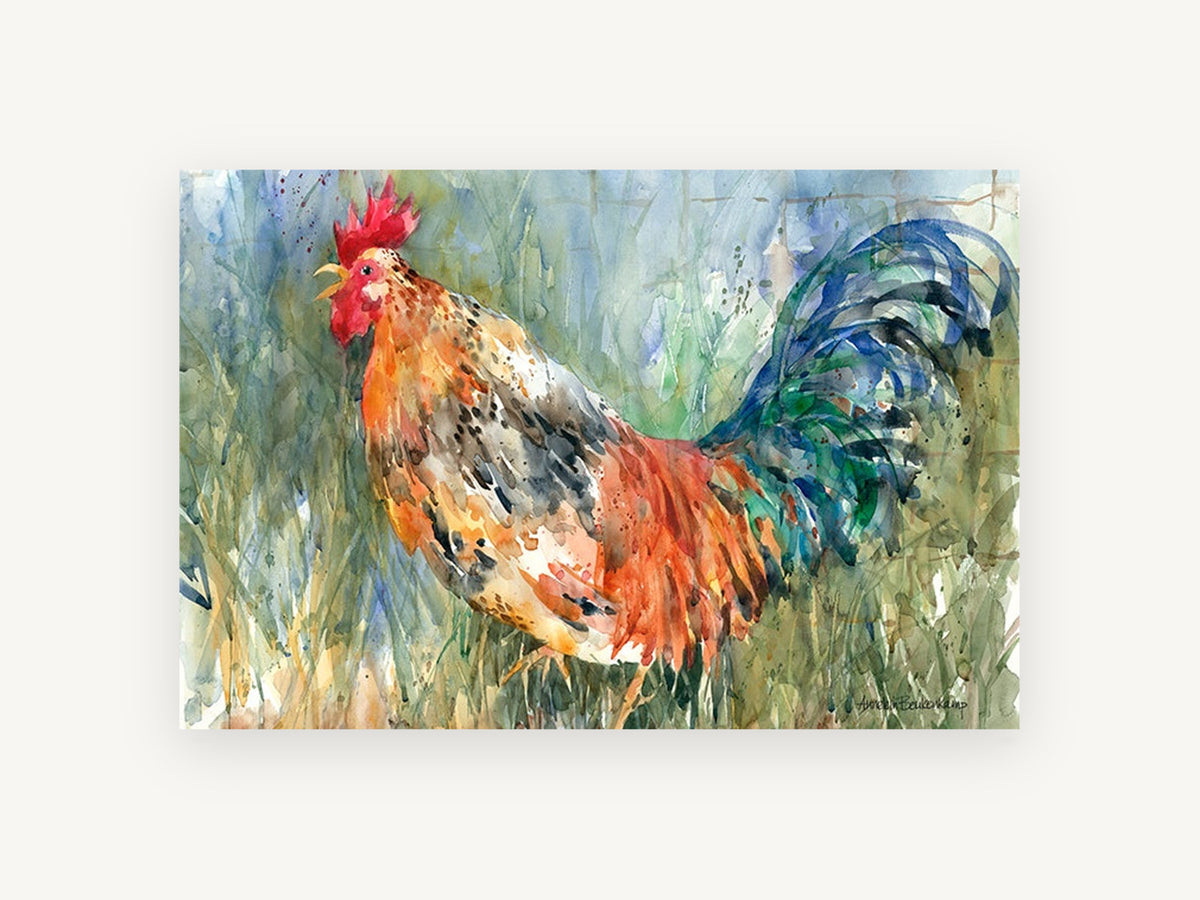 Crowing Rooster in Tall Grass, rooster watercolour farm portrait, animal canvas wall art print, front view