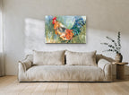 Crowing Rooster in Tall Grass animal canvas print on the wall of a living room