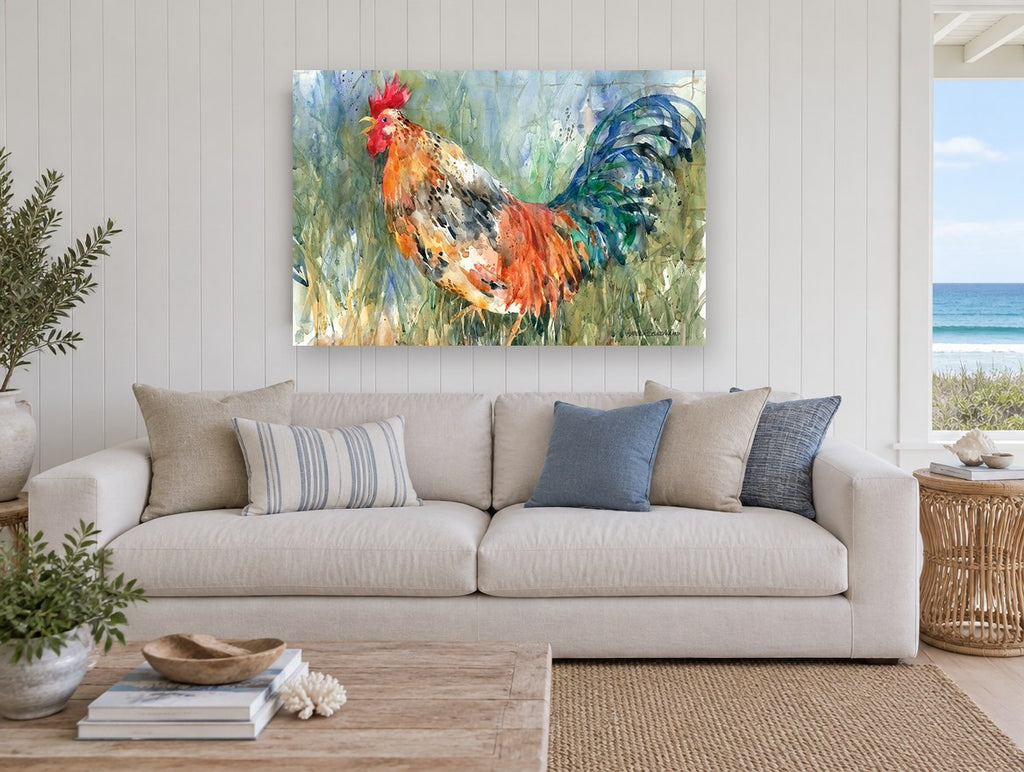 Crowing Rooster in Tall Grass animal canvas print on the wall of a beach house living room