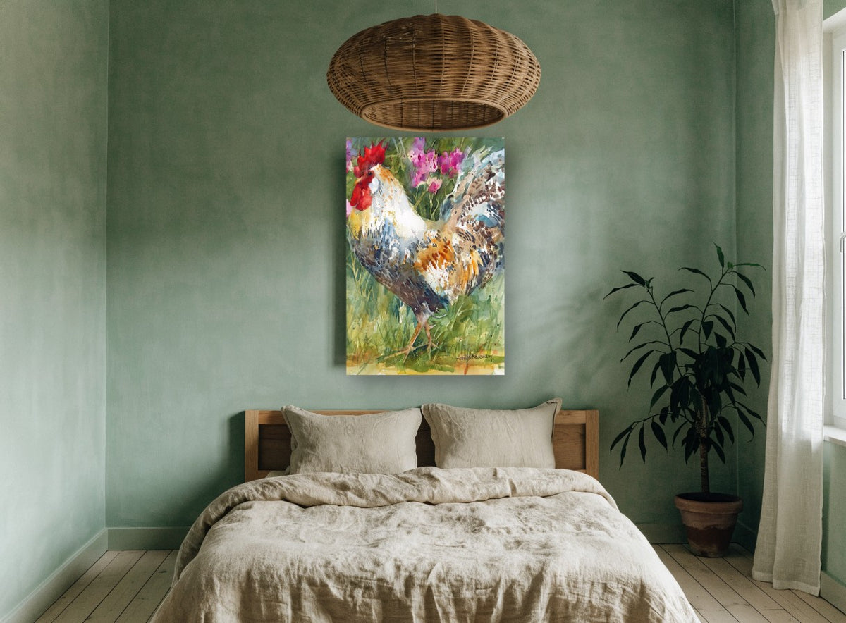 Strutting Rooster in Pink Blooms animal canvas print on the wall of a bedroom