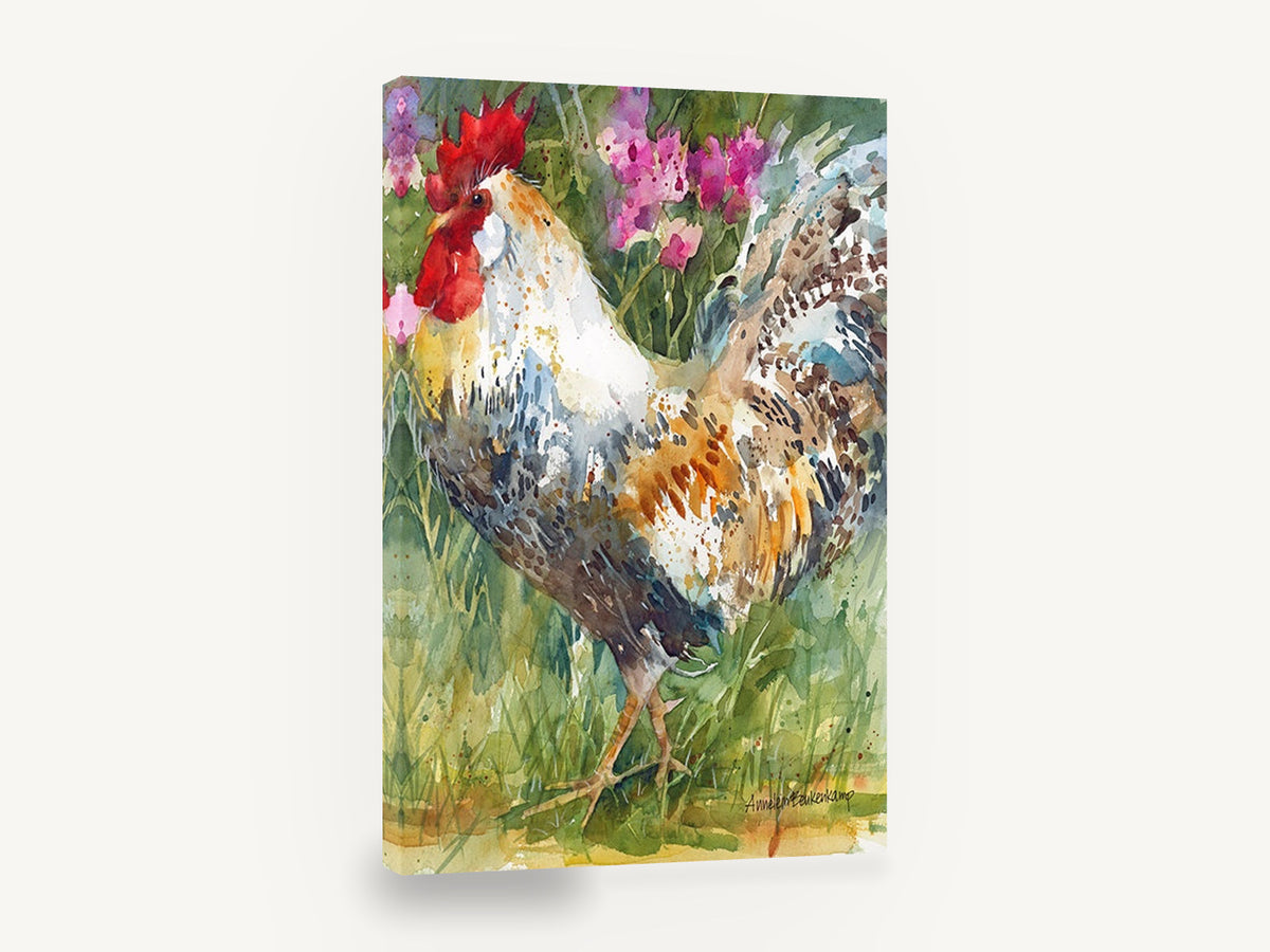 Strutting Rooster in Pink Blooms, rooster watercolour portrait, animal canvas wall art print ready to hang