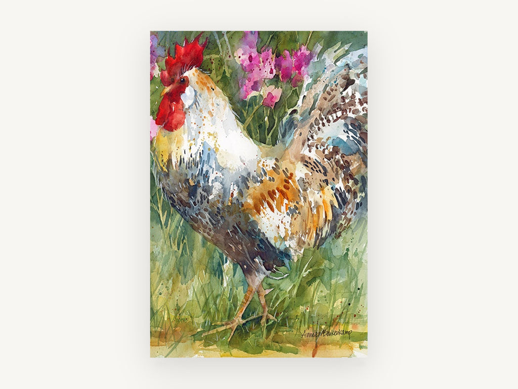Strutting Rooster in Pink Blooms, rooster watercolour portrait, animal canvas wall art print, front view