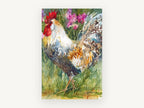 Strutting Rooster in Pink Blooms, rooster watercolour portrait, animal canvas wall art print, front view