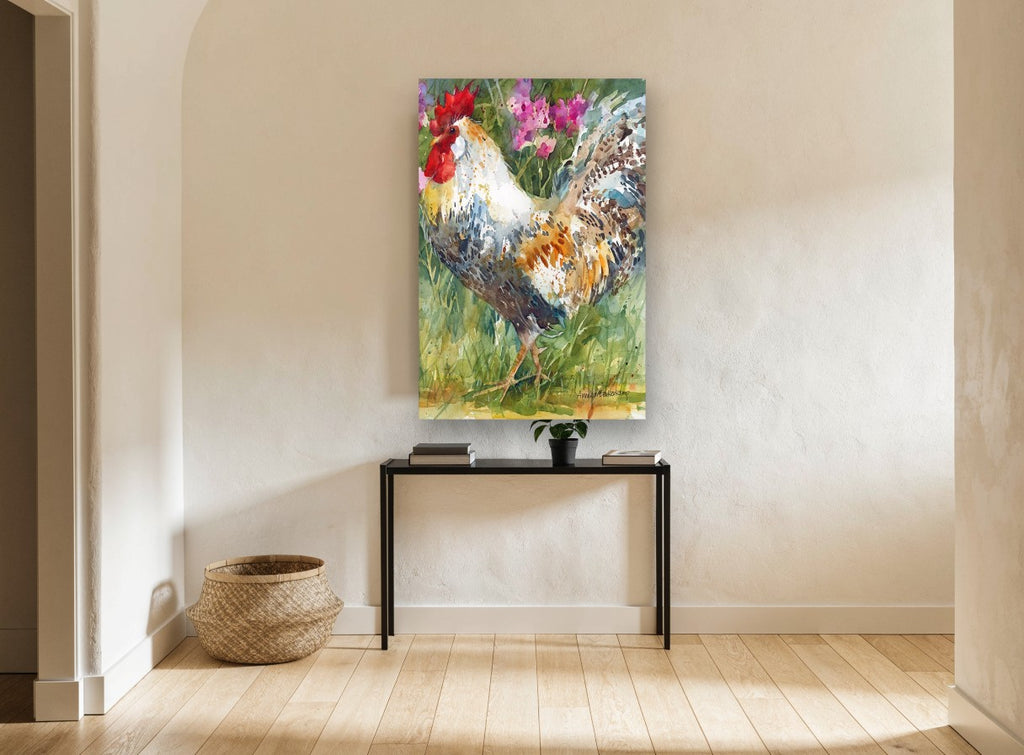 Strutting Rooster in Pink Blooms animal canvas print on the wall of a hallway