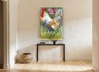 Strutting Rooster in Pink Blooms animal canvas print on the wall of a hallway