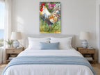 Strutting Rooster in Pink Blooms animal canvas print on the wall of a bedroom