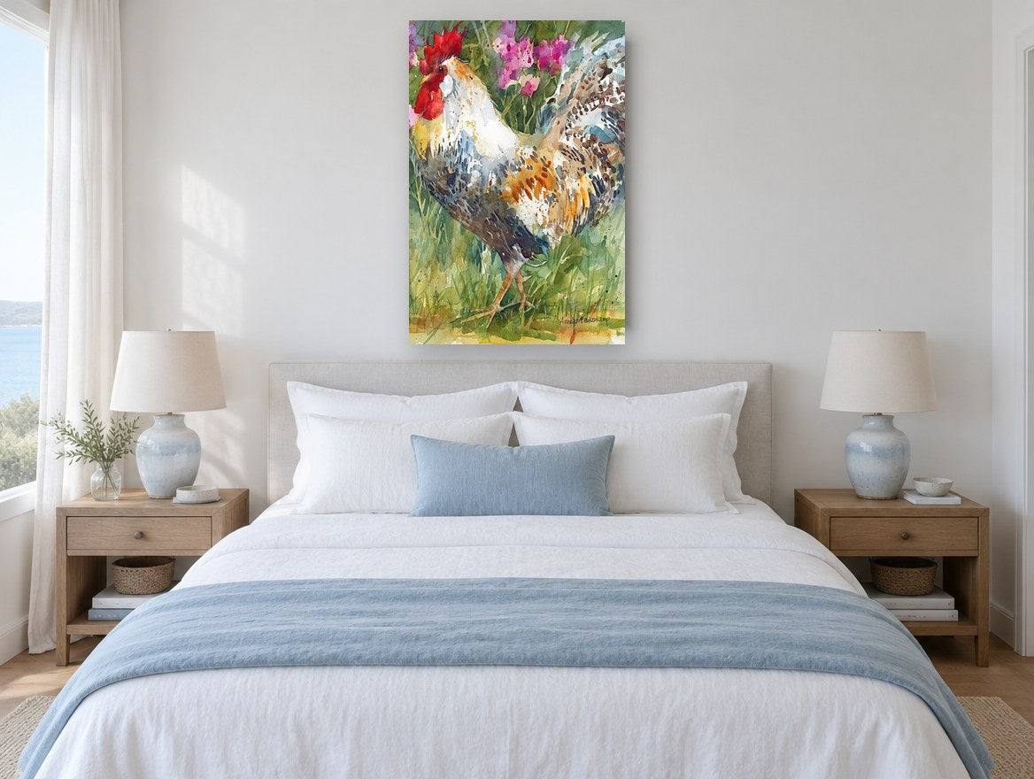 Strutting Rooster in Pink Blooms animal canvas print on the wall of a bedroom