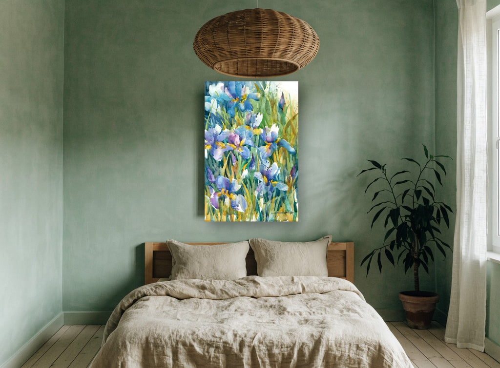 Blue Iris Garden floral canvas print on the wall of a bedroom