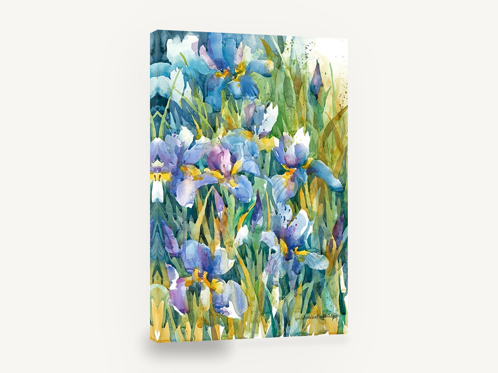 Blue Iris Garden, blue iris watercolour floral garden, floral canvas wall art print ready to hang