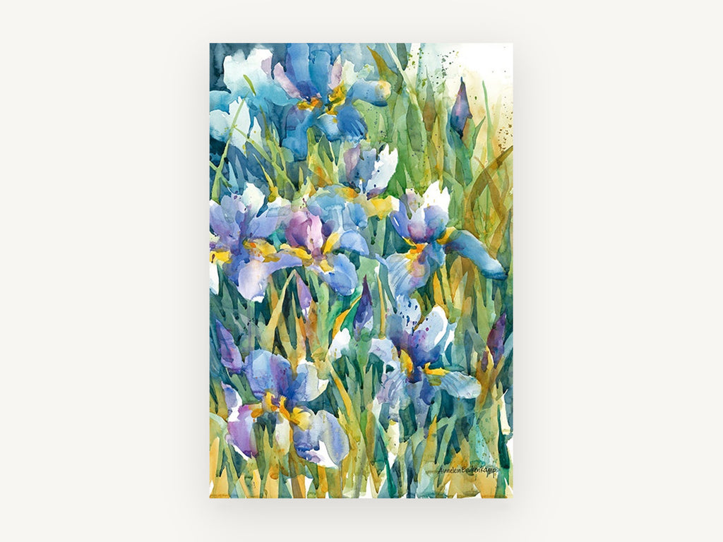 Blue Iris Garden, floral canvas wall art print, front view