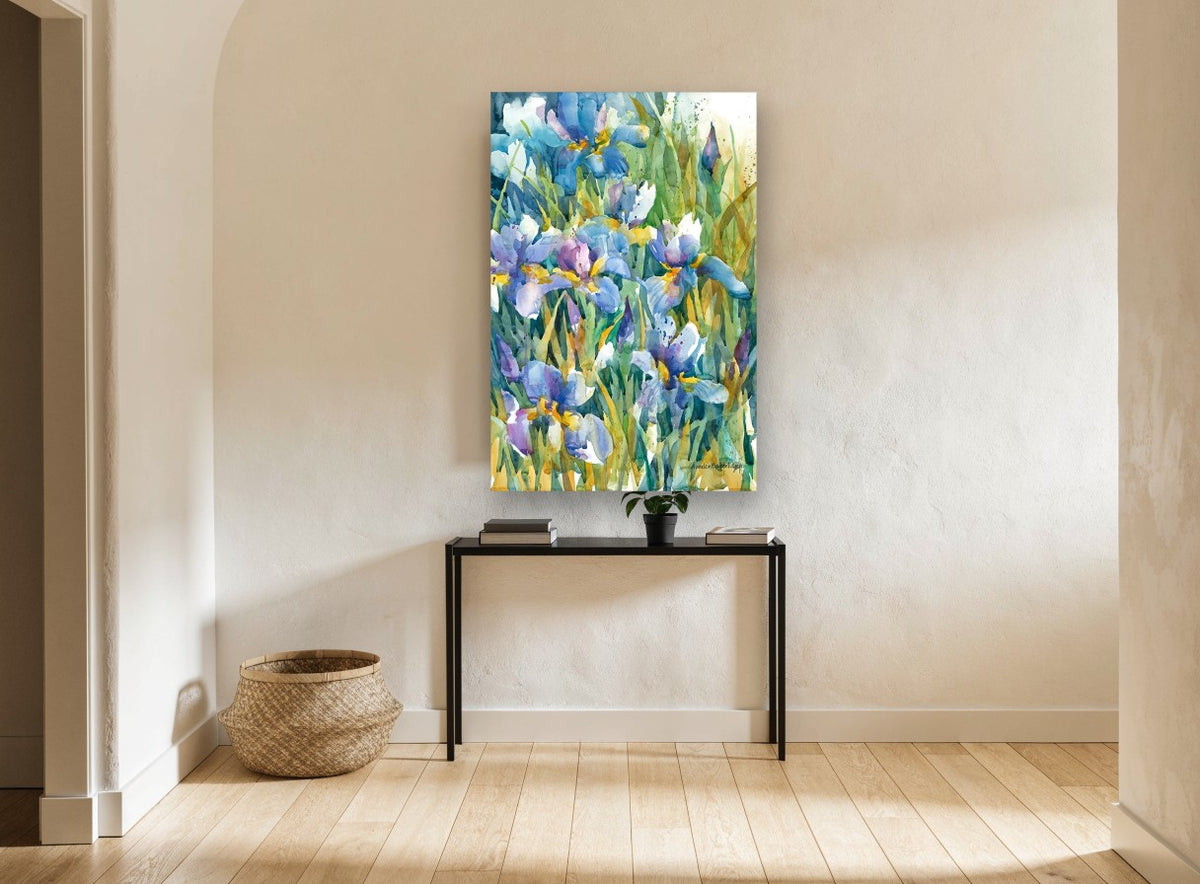 Blue Iris Garden floral canvas print on the wall of a hallway
