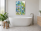 Blue Iris Garden floral canvas print on the wall of a bathroom