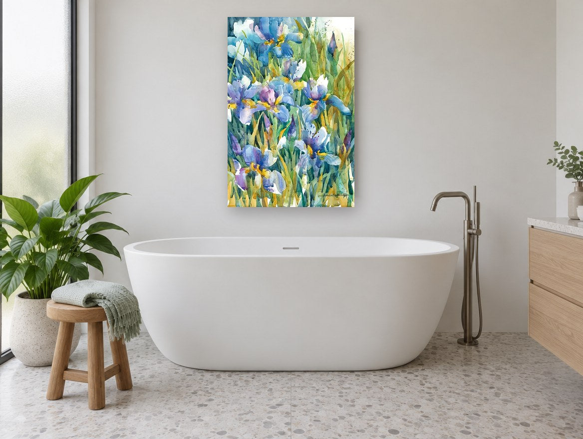 Blue Iris Garden floral canvas print on the wall of a bathroom