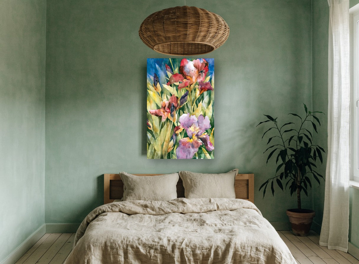 Iris Garden Bloom floral canvas print on the wall of a bedroom