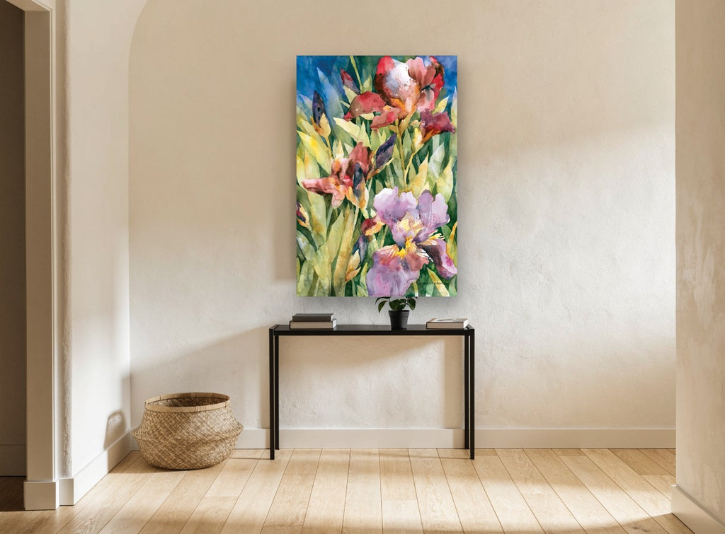 Iris Garden Bloom floral canvas print on the wall of a hallway