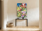 Iris Garden Bloom floral canvas print on the wall of a hallway